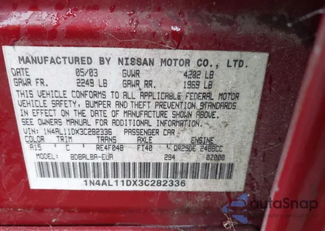 2003 Nissan Altima 2.5 S from USA, damaged, VIN 1N4AL11DX3C282336